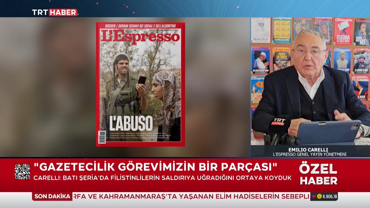 İşgalci İsrail’in zulmünü kapağına taşıyan L'Espresso dergisinin Genel Yayın Yönetmeni Emilio Carelli, TRT Haber’e konuştu. 📌"Fotoğrafa 'yapay zeka' dediler, videosunu da yayınladık." 📌"Batı Şeria’daki gibi hukuka aykırı bir durumu belgelemek, her ciddi gazetenin görevidir."