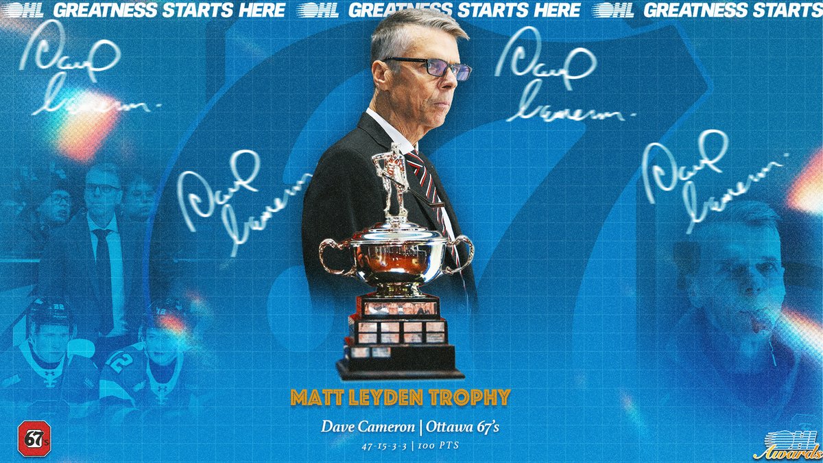 Behind the bench excellence 🏆 Dave Cameron led the Ottawa 67’s to a 100-point season, earning the Matt Leyden Trophy as the #OHL Coach of the Year. DETAILS 🗞️: Ottawa 67's Communications | #OHLAwards