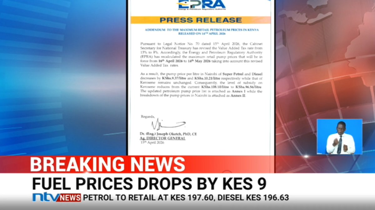 BREAKING: EPRA reduces petrol prices by Sh9.37 and diesel by Sh10.21 per litre after reducing VAT to 8%.