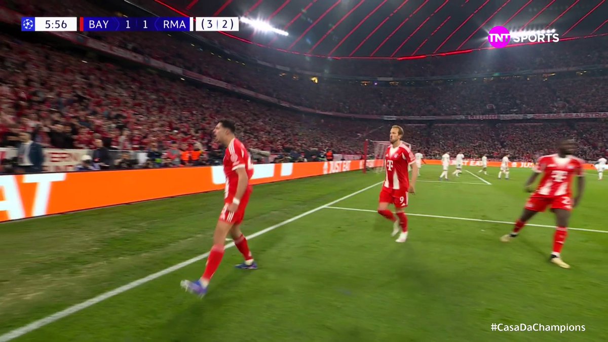 O gol de Pavlovic. Bayern 1x1 Real Madrid com 6 minutos de jogo. (Agregado: 3x2) 🎥 TNT Sports BR