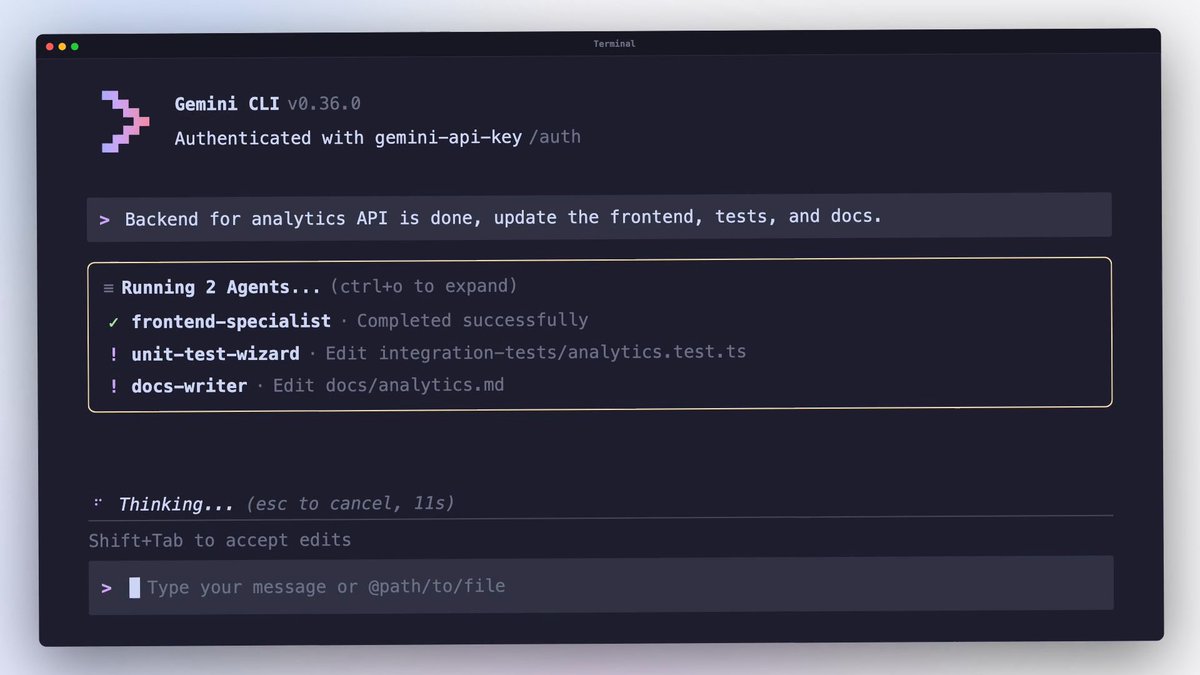 Gemini CLI’s new Subagents feature is a game-changer for terminal productivity. It turns your primary agent into a strategic manager that delegates sub-tasks to specialized experts. 👉 Subagents keep the main window fast by handling high-volume tool calls in isolation 👉 Run specialized agents for code exploration and analysis simultaneously 👉 Use .md files to create agents tailored to your specific project standards Scale your dev workflow without the clutter. 🧠💻