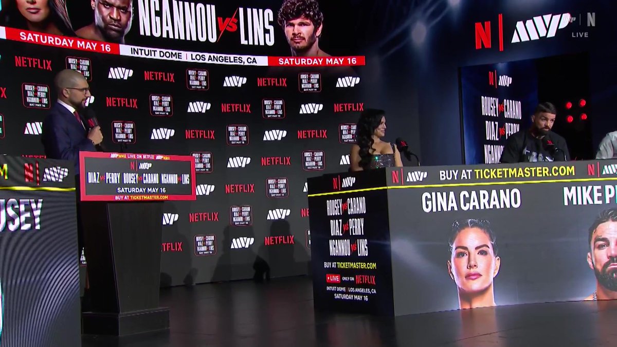 Mike Perry wore a Nick & Nate Diaz shirt to the #RouseyCarano presser — showing love to the legend Nate Diaz ahead of their upcoming fight. Nate Diaz: “That’s a nice shirt.” 😂 @ArielHelwani RONDA ROUSEY vs. GINA CARANO Saturday May 16 LIVE only on Netflix #RouseyCarano