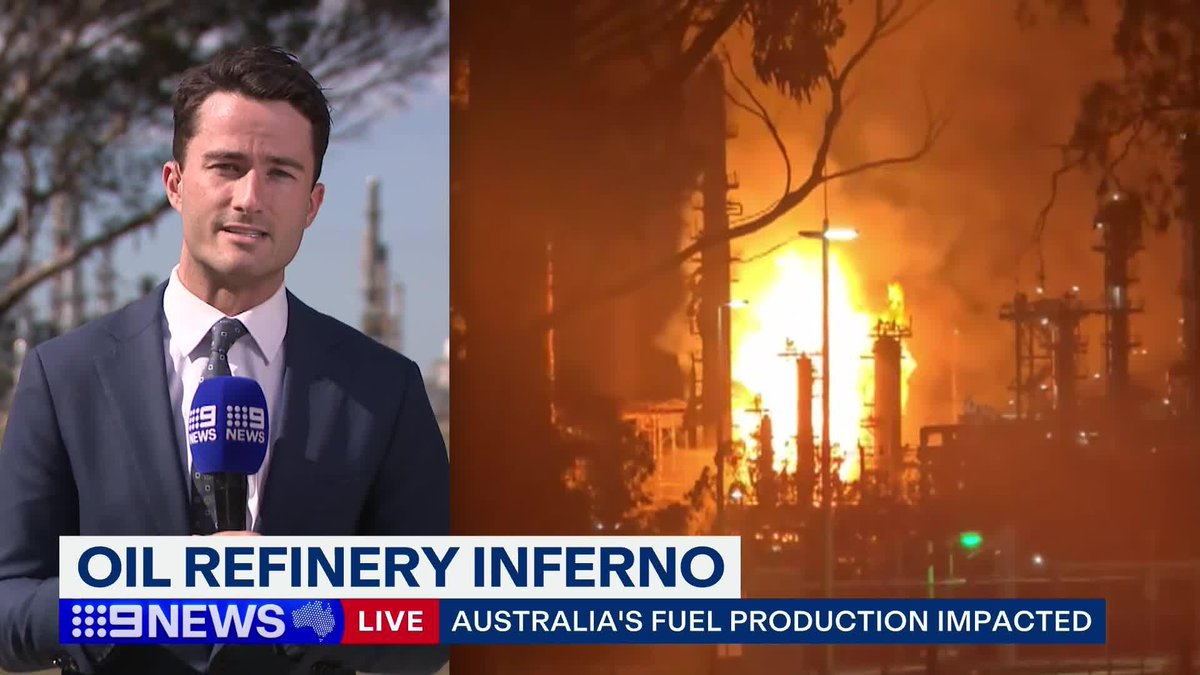 A major inferno has caused critical damage to one of Australia's two remaining oil refineries. The facility supplies half of Victoria's fuel, with the Federal Energy Minister today conceding petrol production will be impacted. #9News