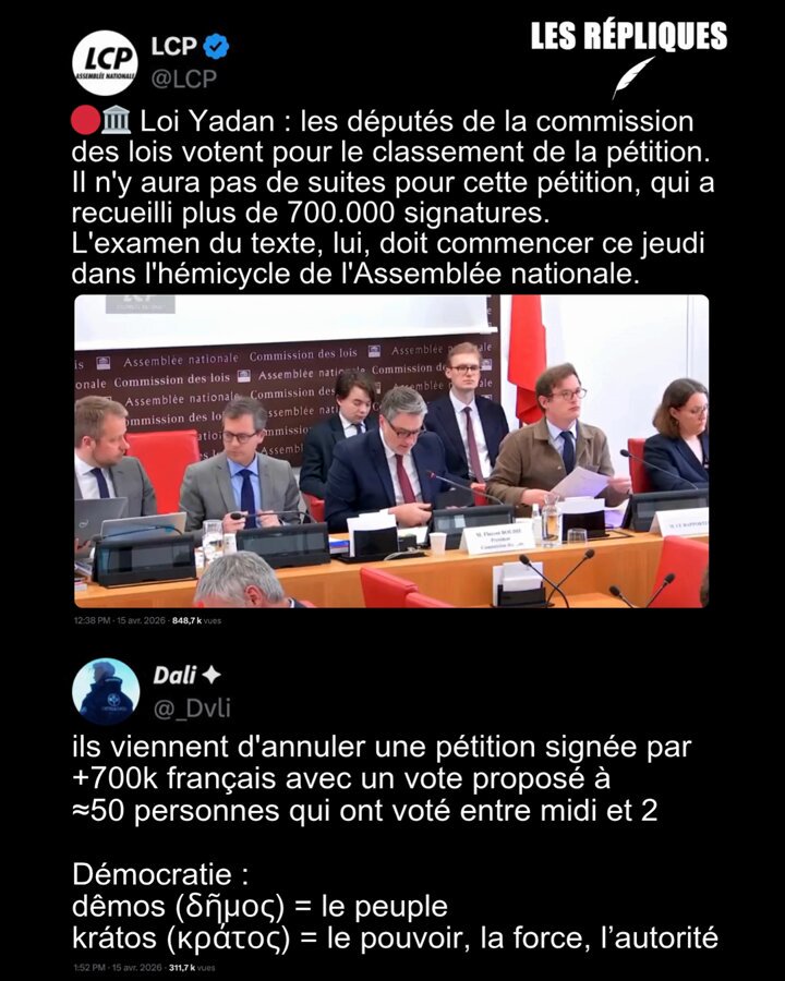 Hier, en quelques minutes la commission des lois a classé la 2ᵉ pétition la plus signée de l’histoire de l’Assemblée nationale. 11 députés macronistes et 9 députés RN ont voté pour son de son classement 𝘿𝙖𝙡𝙞 🇹🇳