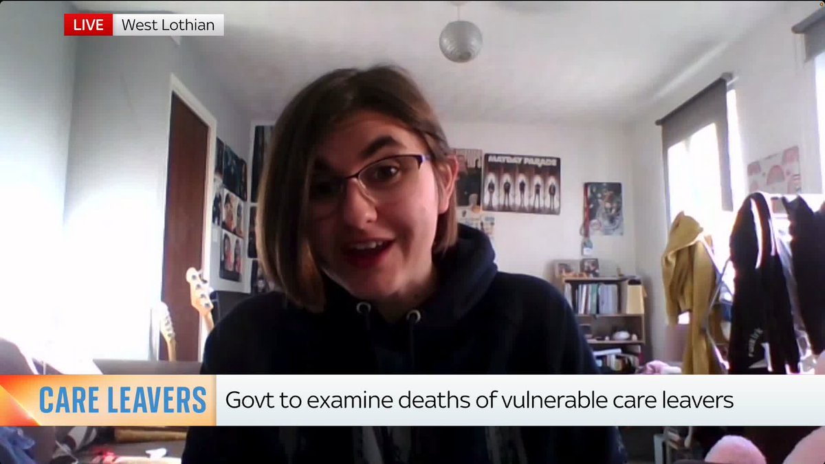 Sky's Wilfred Frost asks care leaver Gemma Jane Ferrie what she is looking for in the report into the early deaths of people leaving the system. She says, "consistent support networks"