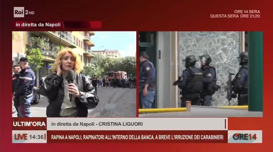 Su Rai 2 c'è la telecronaca in diretta di una rapina a una banca di Napoli #ore14