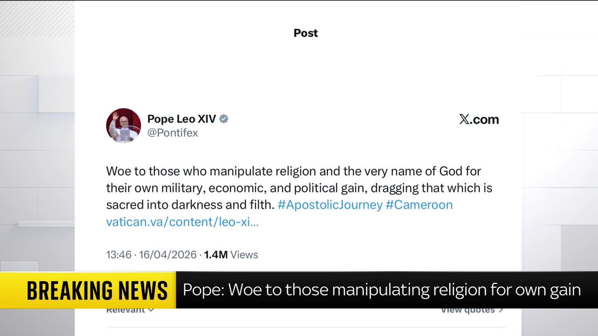 BREAKING: Pope Leo has posted a message on X, condemning those who manipulate religion for their own gain "Woe to those who manipulate religion and the very name of God for their own military, economic and political gain, dragging that which is sacred into darkness and filth."