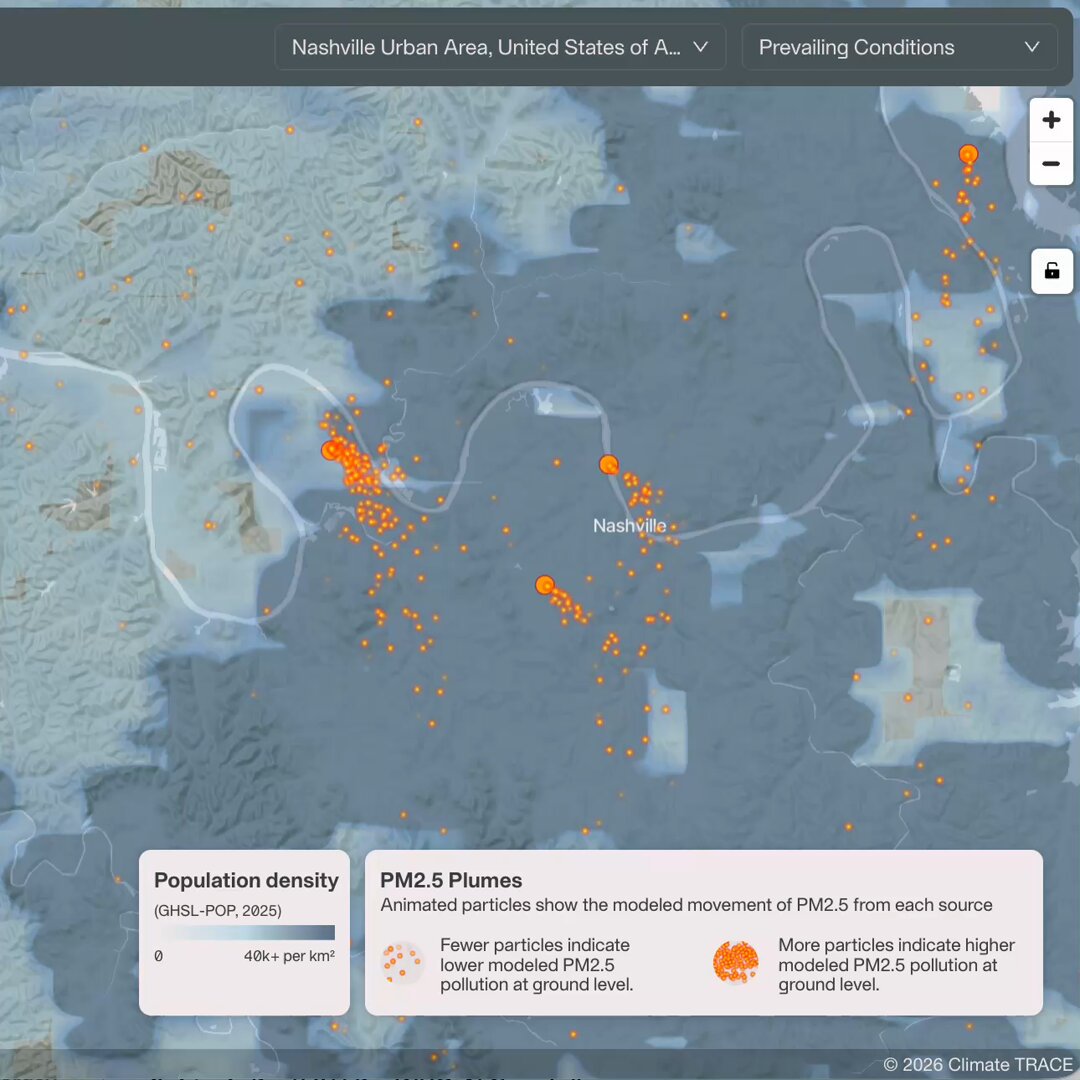 This is a typical day's worth of particulate pollution from major facilities in my hometown of Nashville, TN. This tool from Climate TRACE is nominated for Best Data Visualization by The Webby Awards. Vote for Climate TRACE today &amp; check out air pollution sources in your city!