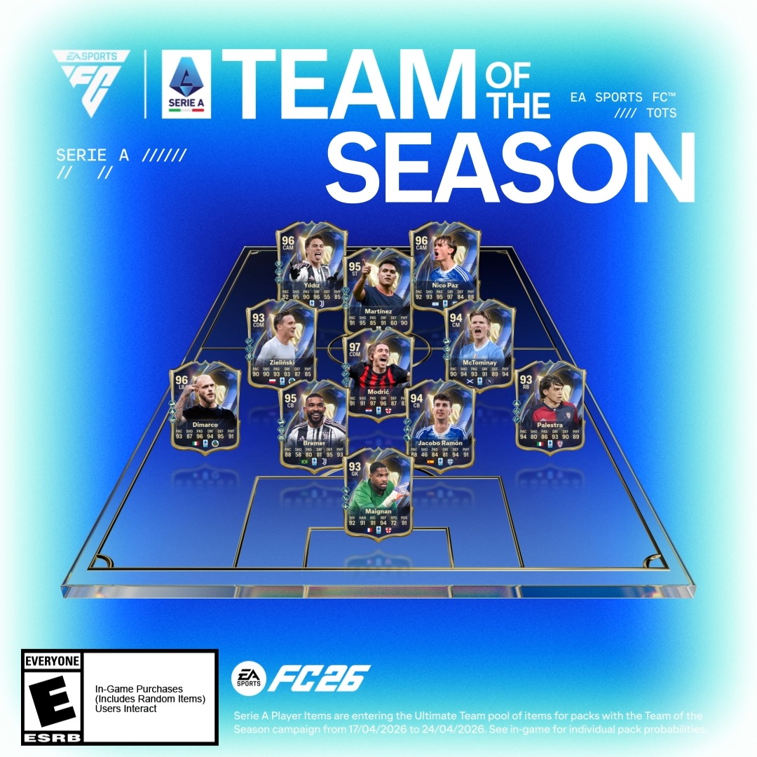 The wait is over. TOTS starts in Italy 🇮🇹 Presenting the first Team of the Season, Lega Serie A. Arriving Friday in #FC26. #TOTS