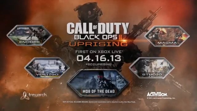 April 16, 2013 - BLACK OPS 2 The second post-launch DLC pack releases. Everything NEW with DLC 2: Uprising: - ZM Map: Mob of the Dead - ZM Wonder Weapon: Blundergat - ZM Perk: Electric Cherry - ZM Enemy: Brutus - MP Maps: Vertigo, Encore, Magma, Studio #TIZH