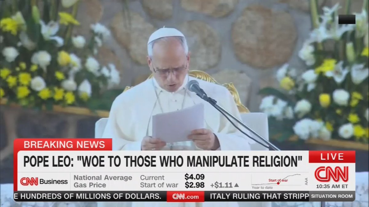 Pope Leo XIV: Woe to those who manipulate religion in the very name of God for their own military, economic, or political gain, dragging that which is sacred into darkness and filth. The world is being ravaged by a handful of tyrants, yet it is held together by a multitude of supportive brothers and sisters.