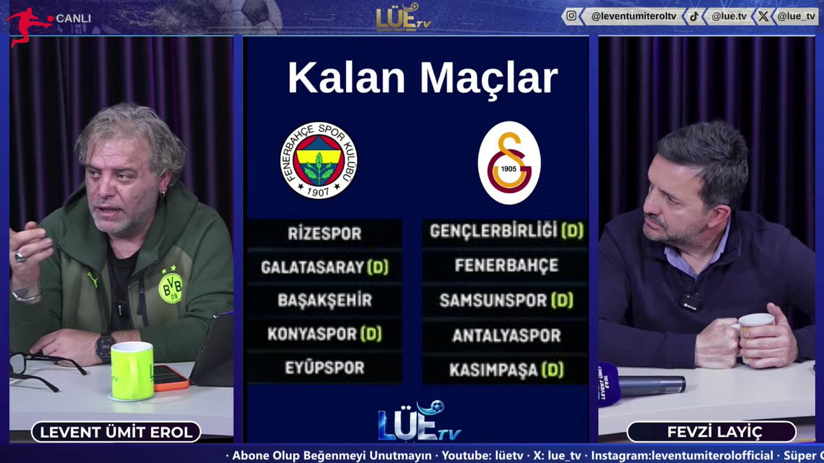 🔥 Galatasaray - Fenerbahçe derbisi berabere biterse kalan maçlarda ne olur? 🔥Derbiyi kim kazanır, işte ihtimaller.... Daha fazlası LÜE TV canlı yayınında.... 🎙️ LEVENT ÜMİT EROL CANLI YAYIN ⏩ İZLE: ⤵️