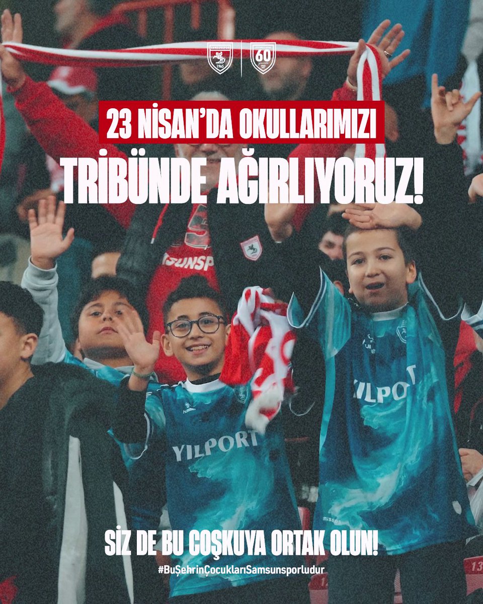 BU ŞEHRİN ÇOCUKLARI SAMSUNSPORLUDUR! ❤️🤍 23 Nisan Ulusal Egemenlik ve Çocuk Bayramı'nda, şehrimizin çocukları takımımızın yanında olsun diye okullarımıza kale arkası biletleri ücretsiz! Atatürk'ün çocuklarımıza armağan ettiği bu özel günde, öğrencilerimize unutulmaz bir maç günü deneyimi yaşatmayı hedefliyoruz. Katılım Koşulları: * Etkinliğe ilkokul, ortaokul ve lise düzeyindeki okullar katılım sağlayabilir. * Başvurular yalnızca okul müdürü veya okul yönetimi tarafından, okulu temsilen yapılmalıdır. * Öğrencilerin stadyuma ulaşımı okullar tarafından organize edilmelidir. * Katılımcıların Biletinial Samsunspor Dijital Taraftar Kart edinmeleri gerekmektedir. * Biletler, sınırlı kontenjan ile kale arkası tribününden verilecektir. Başvuru Süreci; Katılım talebinde bulunmak isteyen okulların aşağıdaki bilgileri içeren başvurularını e-posta yoluyla iletmeleri gerekmektedir: * Okul adı * Okul müdürünün adı ve soyadı * İletişim bilgileri * Etkinliğe katılacak Biletinial üyeliğine sahip öğrenci sayısı 📩 Başvuru için: info@samsunspor.com.tr 📅 Son Başvuru Tarihi: 22.04.2026 Saat 12.00 🎟️ Maça bireysel olarak gelmek isteyen öğrenciler, biletlerini Biletinial gişelerinden temin edebilirler. Tüm okullarımızın ve öğrencilerimizin ilgisine teşekkür ederiz. 🔴⚪