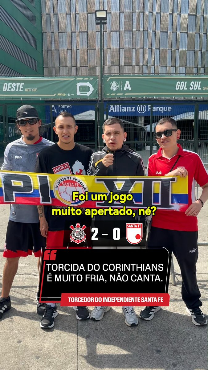 Torcedor do Santa Fe sobre a torcida do Corinthians: "Foi um jogo muito apertado, né? Tivemos dois erros em duas bolas paradas. O Corinthians é um time grande. Mas com uma torcida muito fria, que não canta. Não canta, não apoiam." 📽️SportsCenter Brasil