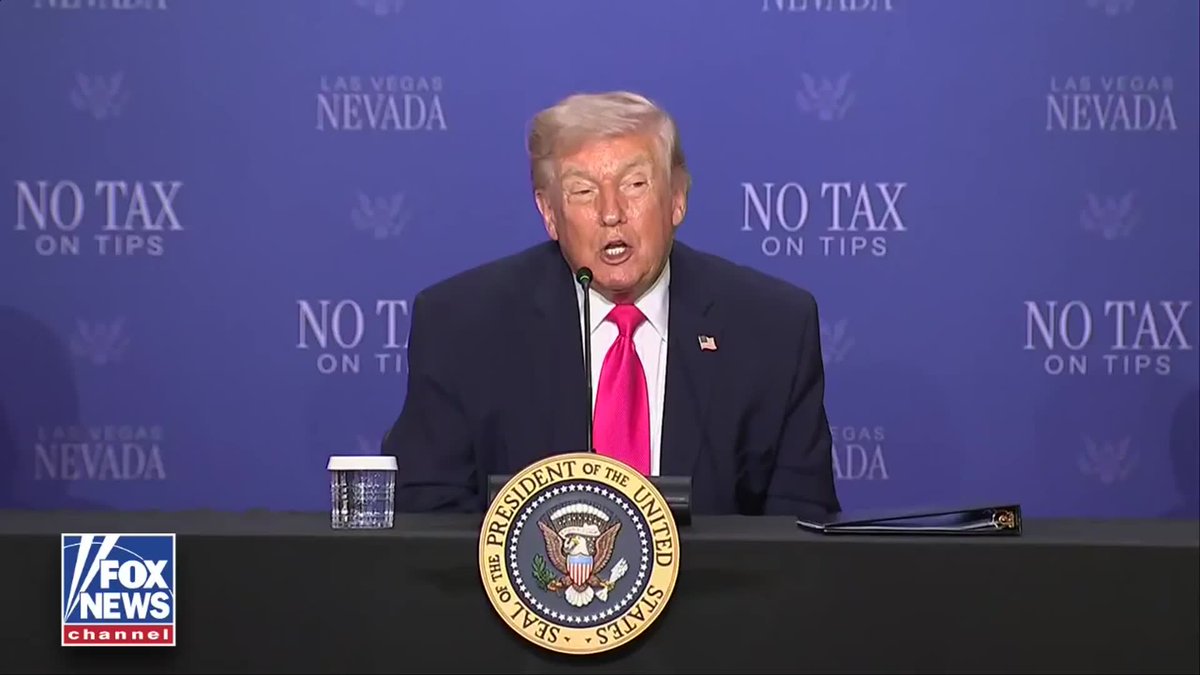 President Trump asks his Las Vegas audience to decide by clapping which is the best: no tax on tips, no tax on overtime, or no tax on Social Security. "I think Social Security won," he says.