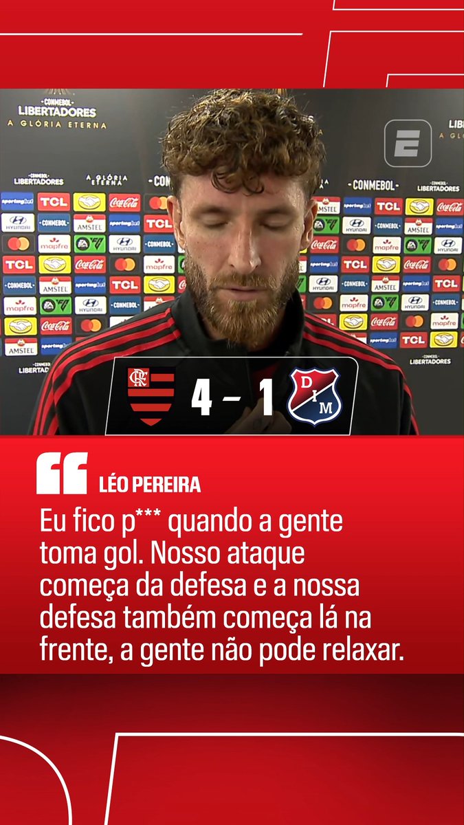 Ele não quer tomar gol! 😡 Mesmo com a vitória de goleada por 4 a 1, Léo Pereira deixou claro que fica muito irritado por sofrer gols! #LibertadoresNaESPN