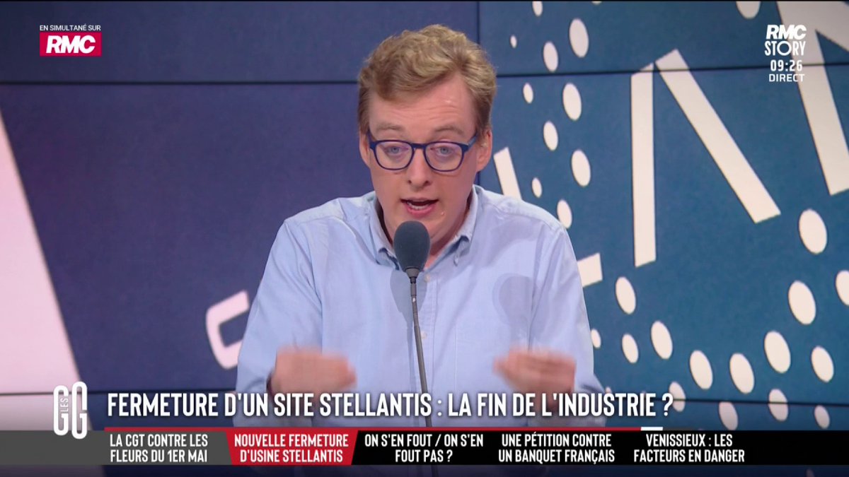 🚘 Stellantis : arrêt de la production de voitures à Poissy 🗣️ Antoine Diers : "En 2025, il y a plus de fermetures que d'ouvertures d'usines. Malgré les dizaines de milliards sur la réindustrialisation. La France n'est plus compétitive. Le coût du travail est trop élevé." #GGRMC
