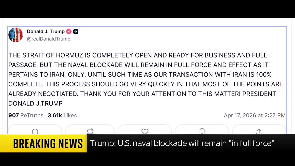 BREAKING: U.S. naval blockade will remain "in full force" despite Iran's foreign minister declaring the Strait of Hormuz "completely open", says Donald Trump in a new Truth Social post. 📺 Sky 501, Virgin 602, Freeview 233 and YouTube