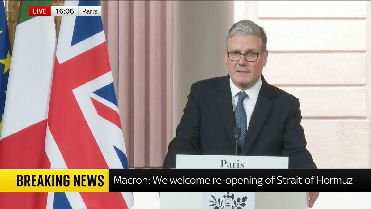 BREAKING: Sir Keir Starmer has said reopening the Strait of Hormuz is a 'global necessity and responsibility'. European leaders have been meeting in Paris to discuss the waterway which Iran has claimed is now "open" 📺 Sky 501