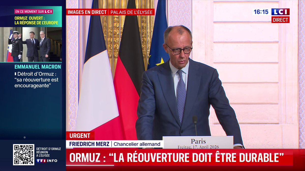 🔴 Réouverture d'Ormuz : Friedrich Merz s'exprime 🗣️"Nous sommes tous d'accord pour dire que l'Iran doit mettre un terme à son programme nucléaire, arrêter d'attaquer Israël et les pays du Golfe et réouvrir de manière durable le détroit d'Ormuz." Friedrich Merz