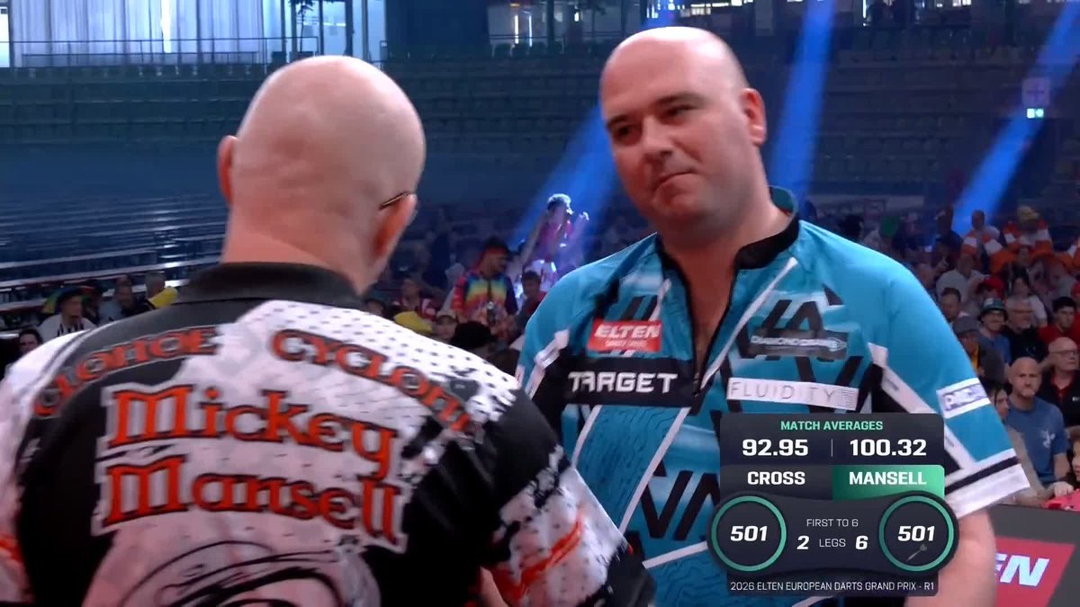 MANSELL DUMPS OUT VOLTAGE! 👀 Mickey Mansell produces the performance of the afternoon so far, averaging 100.32 to beat Rob Cross 6-2 - solid stuff from the Irishman! 📺 #ET5