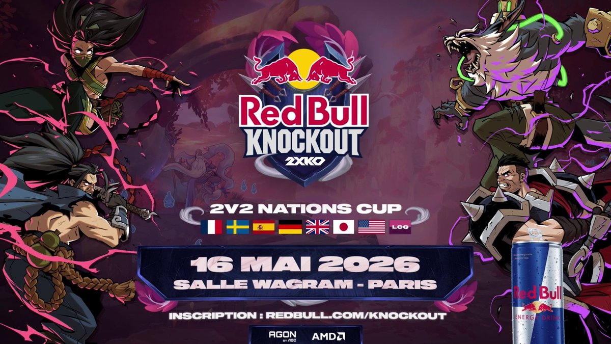 Bienvenue au #RedBullKnockout : le premier tournoi mondial par pays sur 2XKO, uniquement en 2V2 Tag-Team🔥 📍 Le 16 mai 2026, Paris Salle Wagram 🎫 Billets compétiteurs &amp; spectateurs : 🤝 AMD France AGON by AOC France