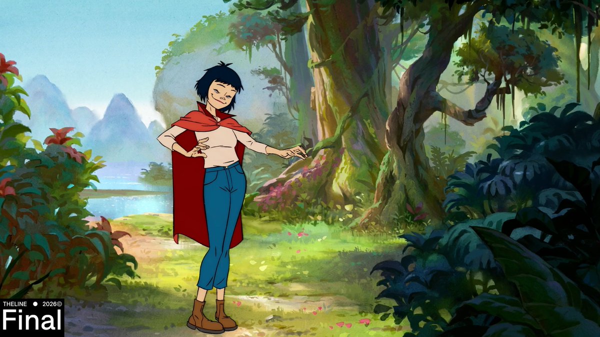 Noodle emerges from the pond and we see her all grown up! After stealing a flute player’s clothes, she hoists up her trousers and walks off with her chin in the air - absolutely feeling herself. This shot was a great opportunity to showcase the 60s style of animation we were referencing. With her clear expression of pride and swagger, her child-like cheeky nature sticks with her even once she’s aged. Client: Gorillaz, Eleven Management Animation: Faruk Yagizhan Misirli Background Layout: Darina Lapkovskaya Background Paint: Paul-Emmanuel Separi Character Layout: Jamie Hewlett Spotkeys: Setareh Erfan Cleanup & Colour: Amix, Daniel Morales, Setareh Erfan Compositing: Abel Kohen #Gorillaz #Noodle #TheMountain #AnimationBreakdown #THELINE