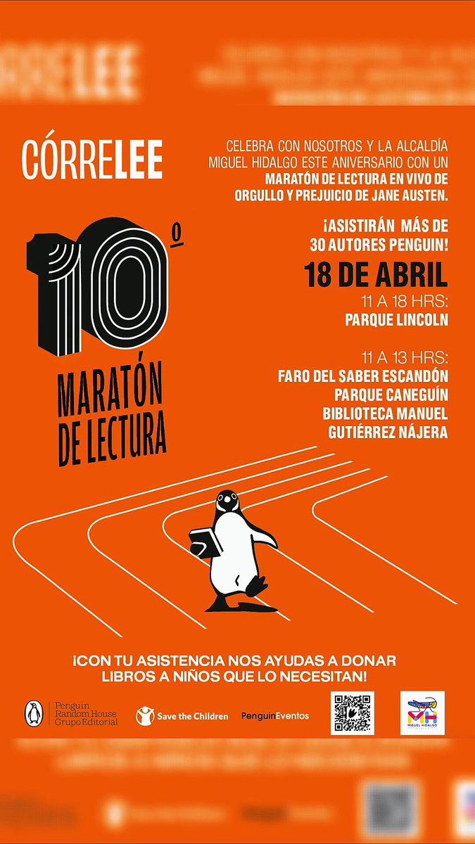 Mañana #CórreLee en el Maratón de Lectura de Penguin Libros México en el Parque Lincoln. Además estarán en otras 3 sedes de la Alcaldía Miguel Hidalgo leyendo Orgullo y Prejuicio de Jane Austen con más de 30 autores. ¡Pasa la voz!📚