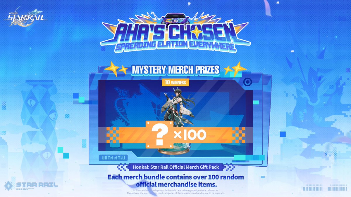 🎁 Aha guarantees you a whole year of Elation! The "Mystery Merch Box" is waiting to be opened! The 3rd Anniversary "Aha's Chosen" is in full swing! On top of the deluxe grand prizes, we've also prepared 10 jam-packed Honkai: Star Rail official merch bundles for Trailblazers! Each bundle contains at least 100 random merch items! That's right, a whopping ONE HUNDRED items! Figures, pillows, plushies... Let Honkai: Star Rail take over your room! ※ The merchandise displayed in the video are to be regarded as visual references. Please treat the specifications and categories of the released merchandise are to be accurate.