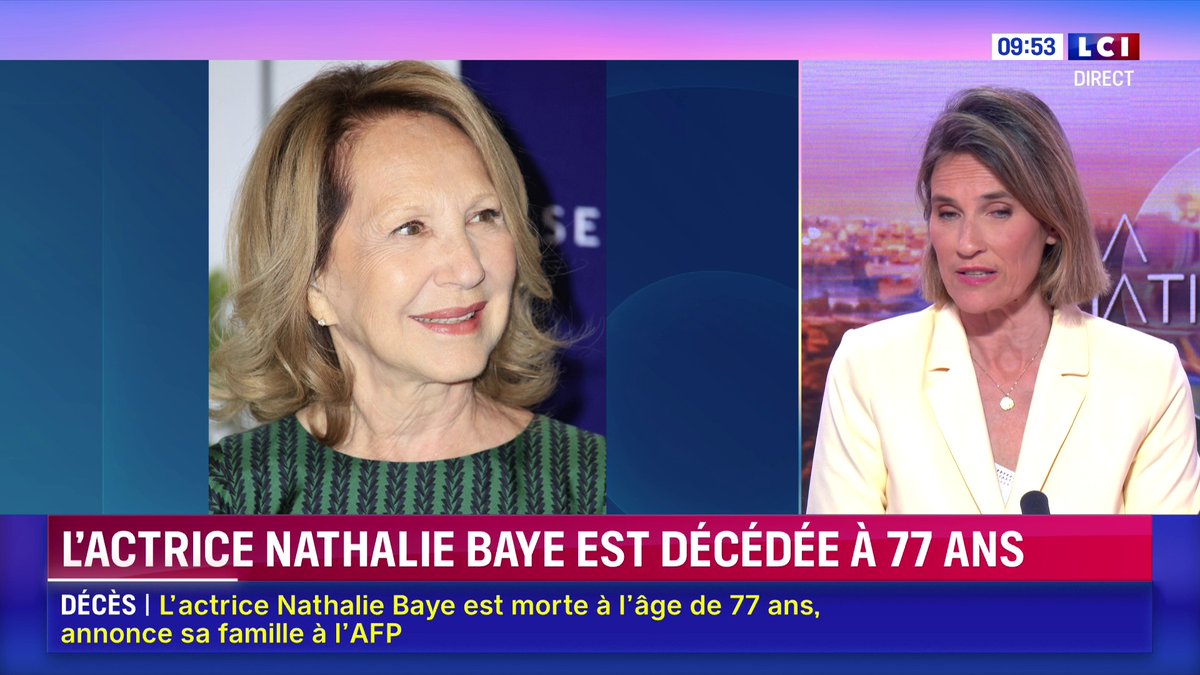 ⚫️ L'actrice Nathalie Baye est décédée à 77 ans L'actrice française, qui a joué dans des films de François Truffaut, Xavier Dolan ou Claude Chabrol, est morte "vendredi soir à son domicile parisien de la maladie à corps de Lewy", a indiqué dans un communiqué commun sa famille