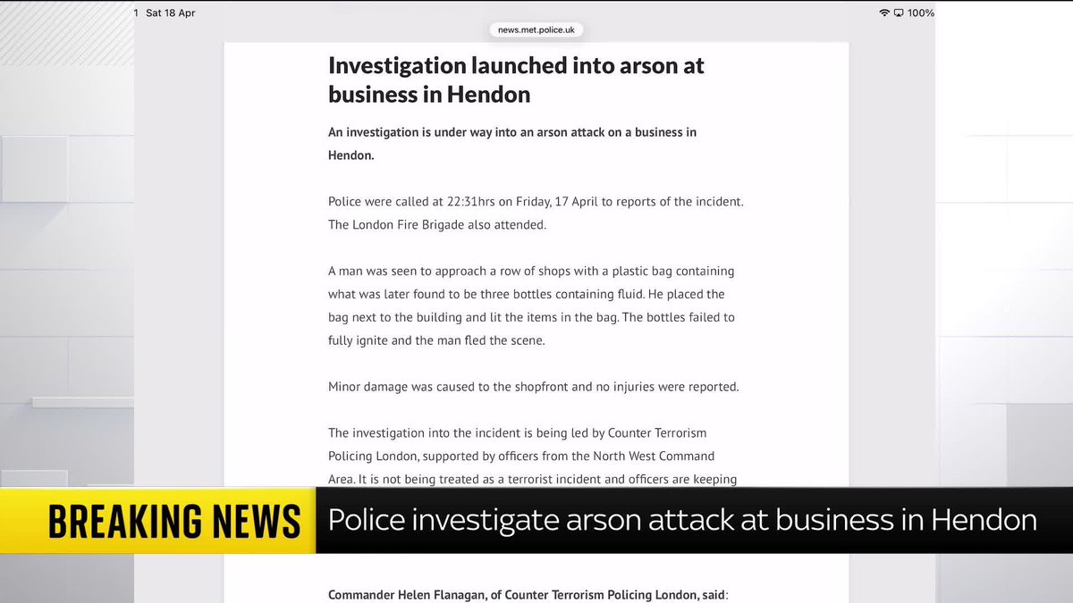 BREAKING: Police are investigating an arson attack on a business in Hendon. Counter Terrorism Policing London is not treating it as a terrorist incident, and no injuries have been reported. 📺 Sky 501 and YouTube
