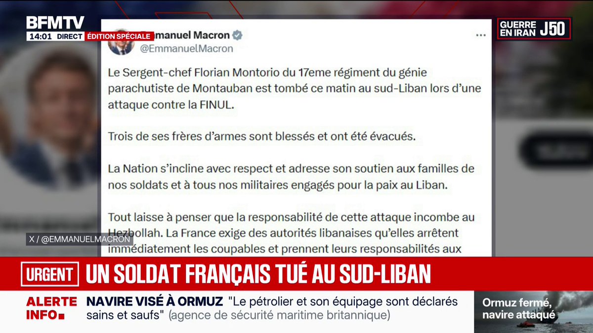 🔴 Guerre au Moyen-Orient: un soldat français tué dans le sud du Liban ➡️ Selon Emmanuel Macron, "tout laisse à penser que la responsabilité de cette attaque incombe au Hezbollah"