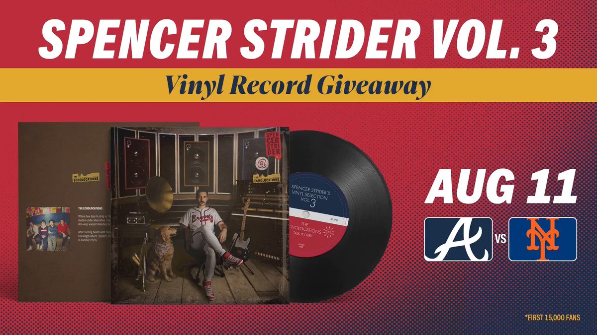.Spencer Strider Vinyl Night is back for Volume 3! 🎸 The first 15,000 fans in attendance on 8/11 at Truist Park will receive a vinyl record featuring one of Spencer’s favorite ATL indie artists. Plus, see all three artists in a special postgame performance hosted by Spencer!