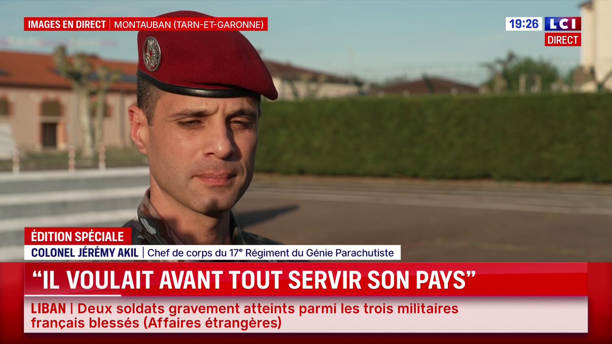 🔴 Soldat français tué au Liban : "C'était la dernière mission de sa carrière. Florian était au terme de son parcours militaire", le colonel Jérémy Akil, chef de corps du 17e Régiment du Génie parachutiste rend hommage au Sergent-chef Florian Montorio