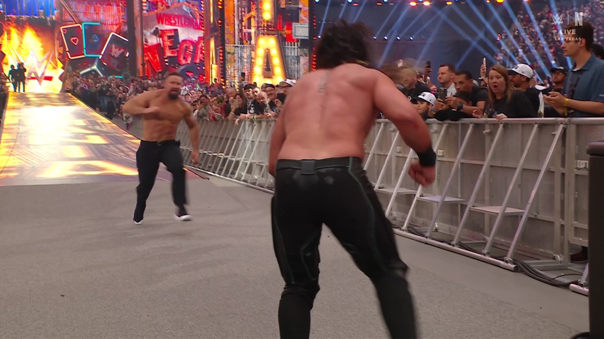 Bron Breakker ran the entire ramp to spear Seth Rollins. #WrestleMania
