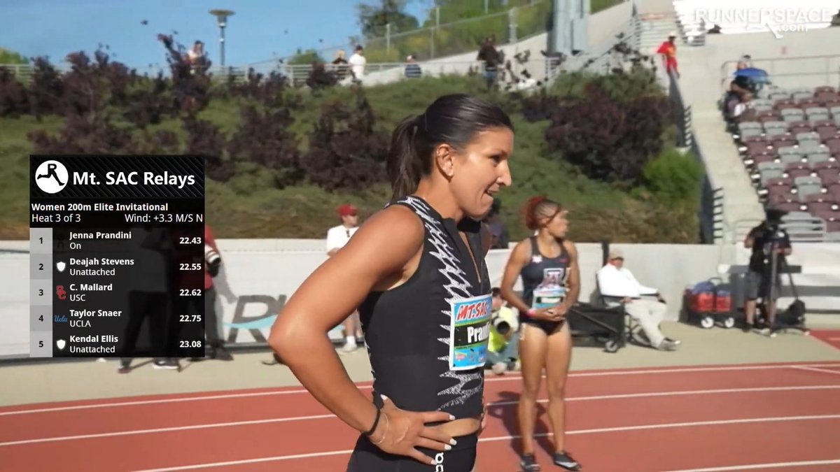 1-2 finish in Mt SAC Relays 200m for Jenna Prandini (22.43) and Deajah Stevens (22.55)