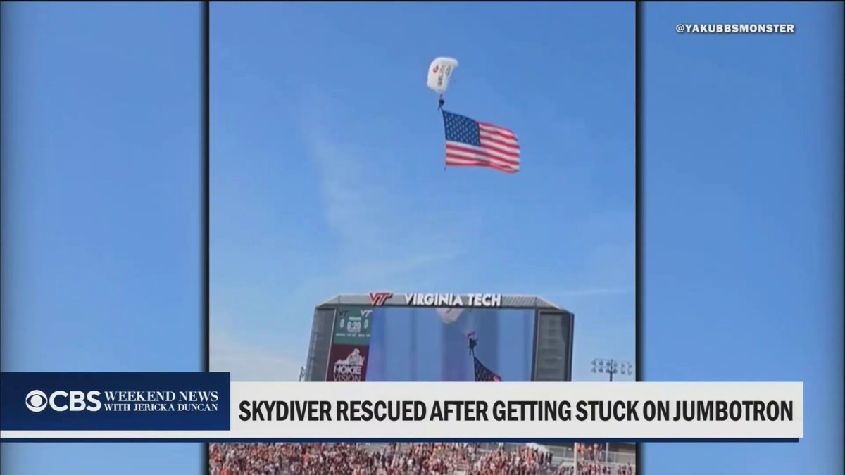 A skydiver crashed into the scoreboard at Lane Stadium ahead of Virginia Tech’s spring football game Saturday.