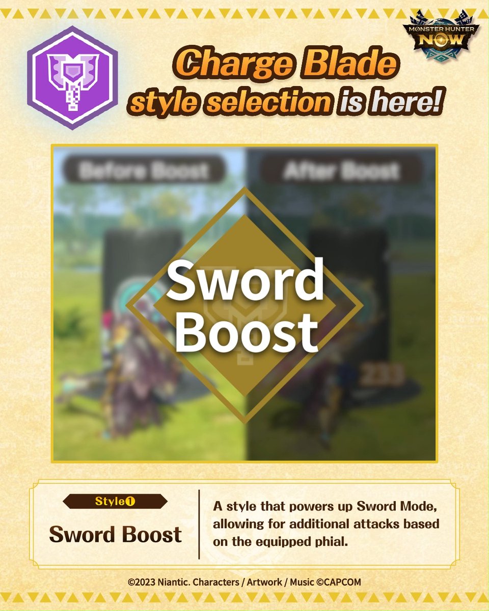 🆕 New styles for the #ChargeBlade 🌟 ⚔ Sword Boost: Additional phial-based attacks in Sword Mode 🪓 Axe Boost: consecutive attacks in Axe Mode Which will you choose? ✨ *For grade 8+ weapons Hunt riftborne monsters and try new actions with #StyleCustomization 🔥 #MHNow