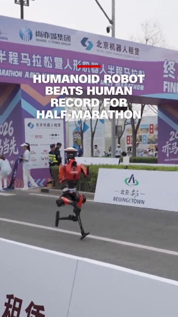 A humanoid robot won a half-marathon in Beijing in 50 minutes and 26 seconds, finishing faster than Ugandan runner Jacob Kiplimo's world record. Read more: