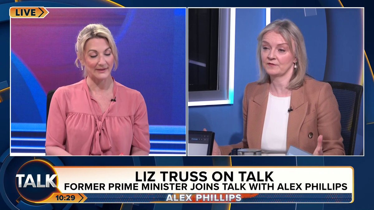 Talk viewer Brian in Margate says it’s a ‘perfect Sunday waking up to a sandwich of Alex Phillips and former UK Prime Minister Liz Truss’. Alex Phillips: “I was about to say no lettuce, pardon the pun.” Alex Phillips | Liz Truss