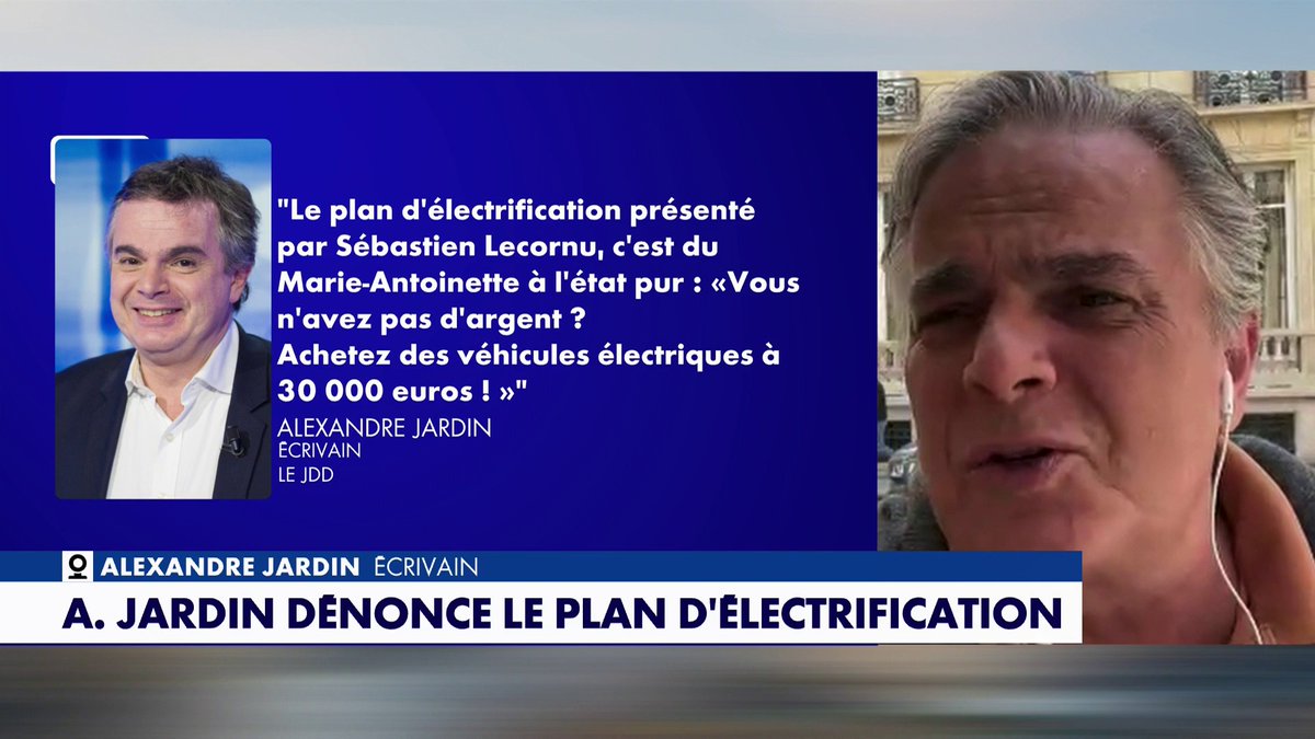 Alexandre Jardin, écrivain au sujet de la hausse des prix et sa tribune dans le JDD : «Il faut couper les subventions aux éoliennes pour les répartir sur le carburant» pour en faire baisser le prix. Toute l'info est à retrouver sur