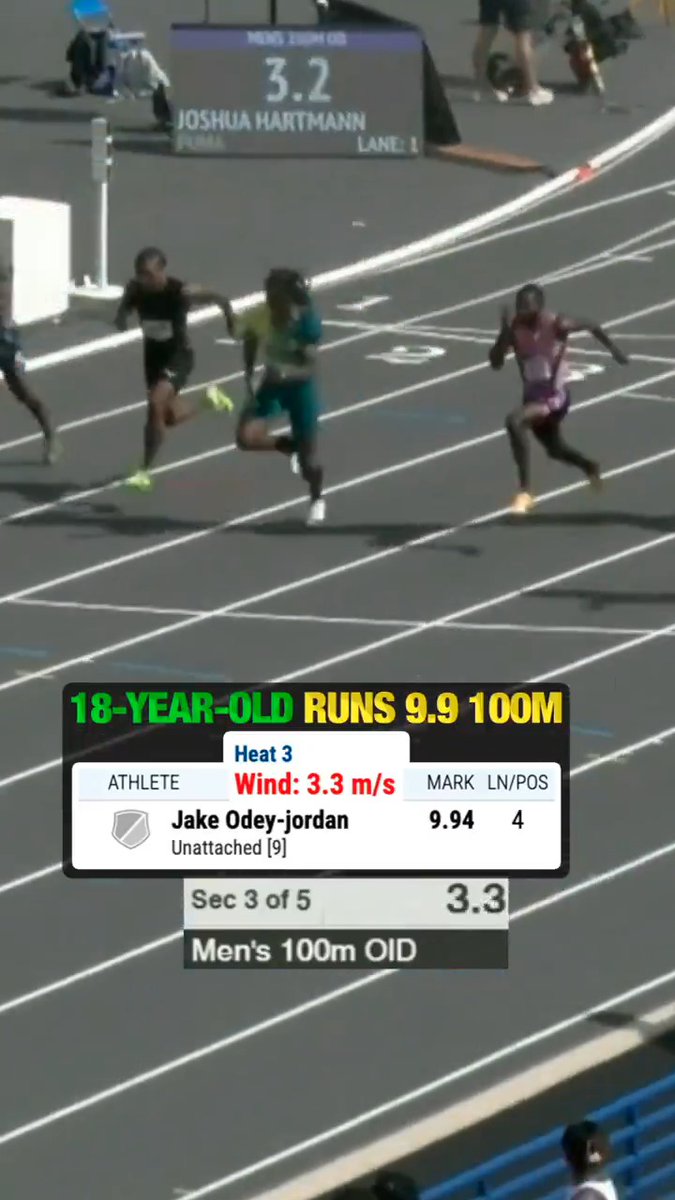 18-year-old high schooler 🇬🇧Jake Odey-Jordan running a 9.94 100m!