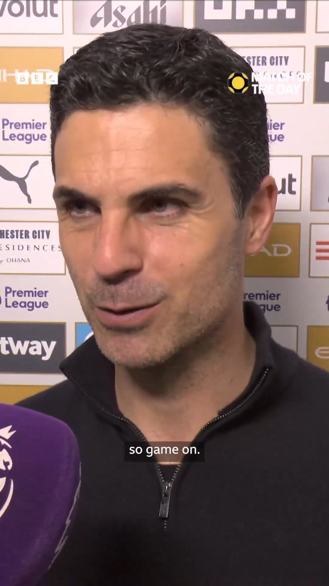 “Game on…” 👀 Mikel Arteta reacts after Arsenal's defeat to Manchester City, with the gap now just three points and City having a game in hand.