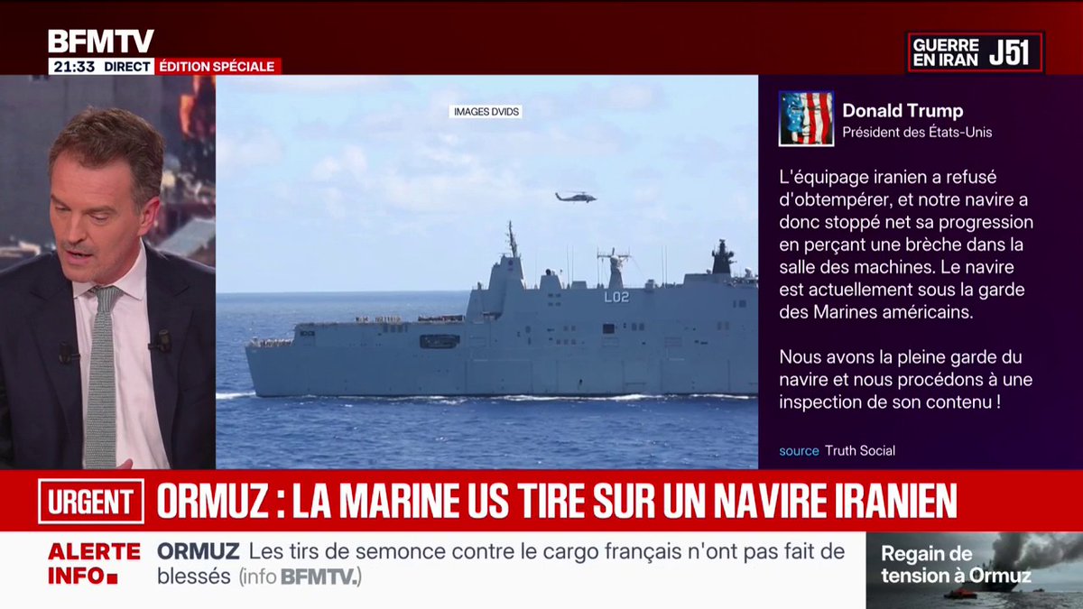 Donald Trump annonce que la marine américaine a tiré sur un cargo iranien dans le golfe d'Oman et en a pris le contrôle
