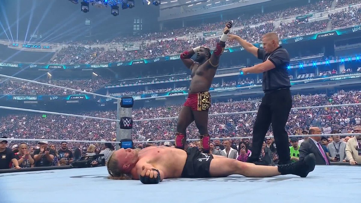 OBA FEMI JUST BEAT BROCK LESNAR!!!! WOW!! The FIRST HOUR of #WrestleMania is LIVE RIGHT NOW on ESPN!