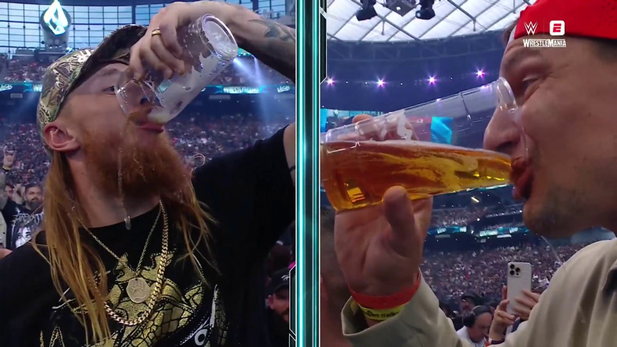 George Kittle & Rob Gronkowski had a beer chugging contest at WrestleMania 😂 Stream night two of #WrestleMania on the ESPN App with an ESPN Unlimited plan.