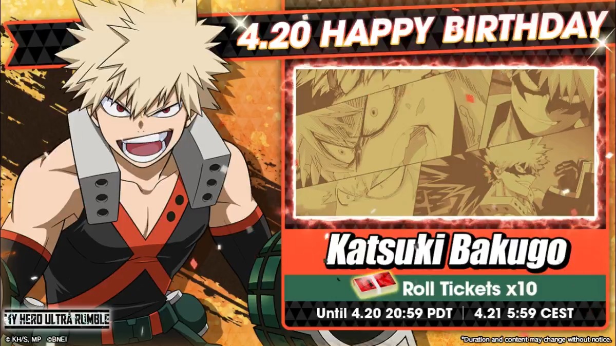 ⋱Happy Birthday⋰  ̄ ̄ ̄ ̄ ̄ ̄ ̄ ̄ ̄ 4/20 is Katsuki Bakugo's birthday! We're giving out Roll Tickets to celebrate! Log in by 4/20 8:59pm (PDT) and claim yours! Post and offer your congratulations and messages of support! *Sound on recommended #MHUR