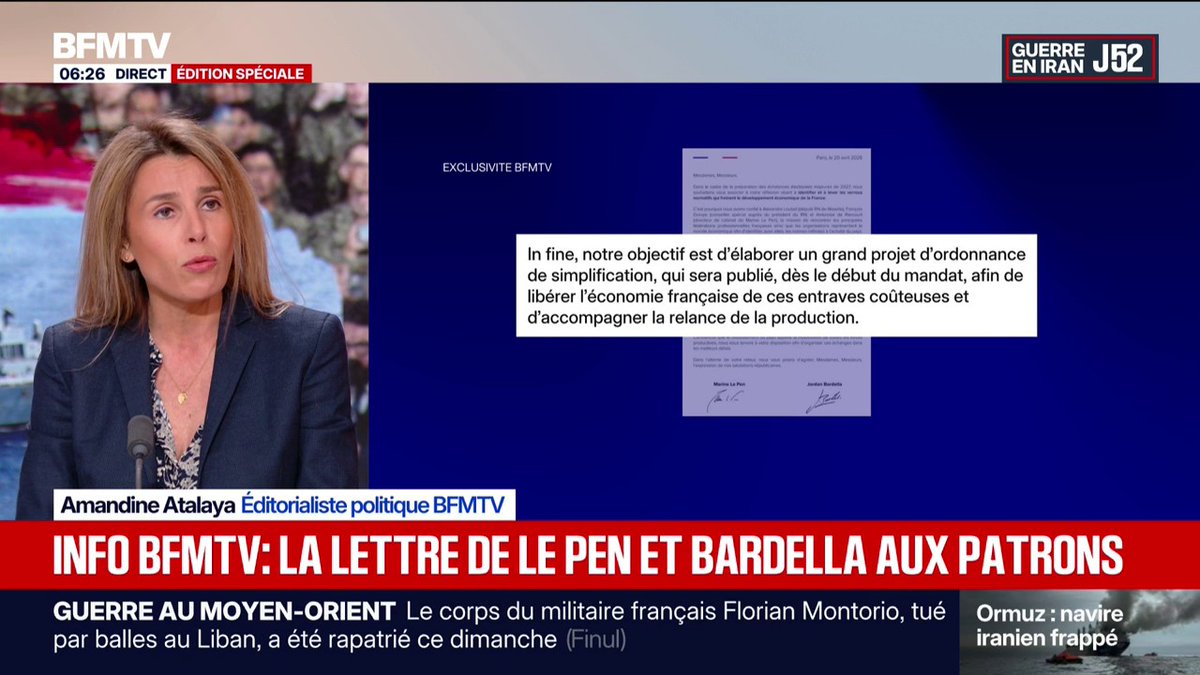 BFMTV a pu consulter la lettre de Jordan Bardella et Marine Le Pen aux chefs d'entreprises envoyée ce lundi matin ➡️ Ce midi, le président du RN doit déjeuner avec le comité exécutif du Medef