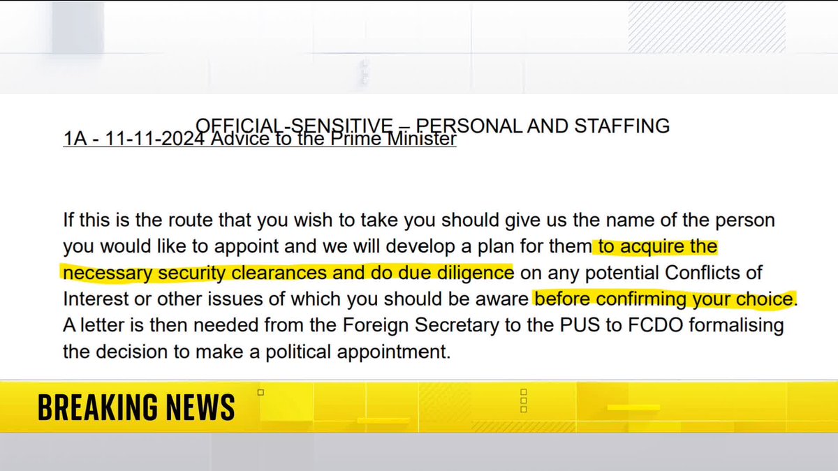 BREAKING: The Prime Minister was advised by the Cabinet Secretary to get security clearance for Peter Mandelson before he was appointed, but ignored the suggestion. Sky's Sam Coates Sky uncovered the key documents and has the story. 📺 Sky 501