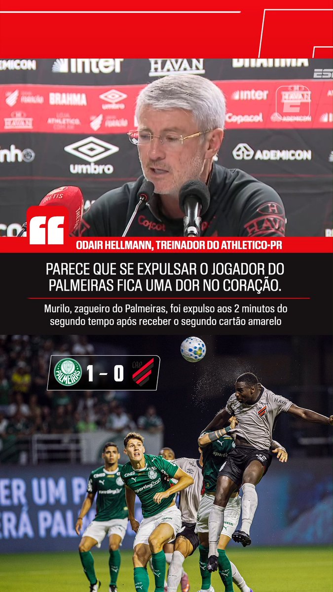 Odair Hellmann ficou na bronca com a arbitragem após a vitória do Palmeiras por 1 a 0 sobre o Athletico-PR. O técnico do Furacão acusou o árbitro Felipe Fernandes de Lima de “compensar” a expulsão de Murilo no início do segundo tempo. Além disso, a arbitragem chegou a marcar pênalti de Benedetti em Viveros no campo, mas o VAR chamou para revisão, e o juiz voltou atrás na decisão. O que achou dessa declaração, fã de esportes? 🤔 #FutebolNaESPN #Palmeiras #AthleticoPR
